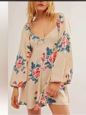 Free People Francesca Boho Mini Dress Ivory Floral Long Sleeve V-Neck